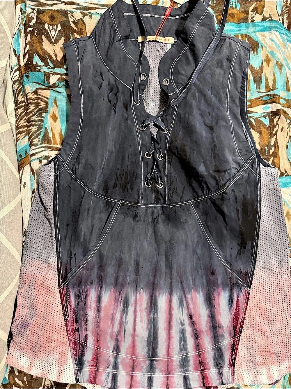 Tie-Dye Lace-Up Vest in Black & Pink Like New